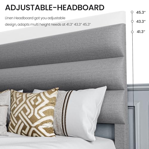 Full Size Bed Frame with Adjustable Linen Headboard, No Box Spring Needed, Dark Gray S1450
