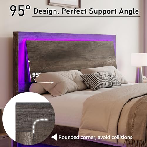 Floating Platform Bed Frame with Headboard and LED Light, Rustic Grey L9697