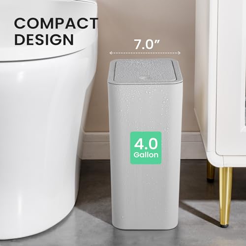 Bathroom Trash Can with Lid, 4 Gallon / 15 Liter, Plastic Wastebasket, White K52378