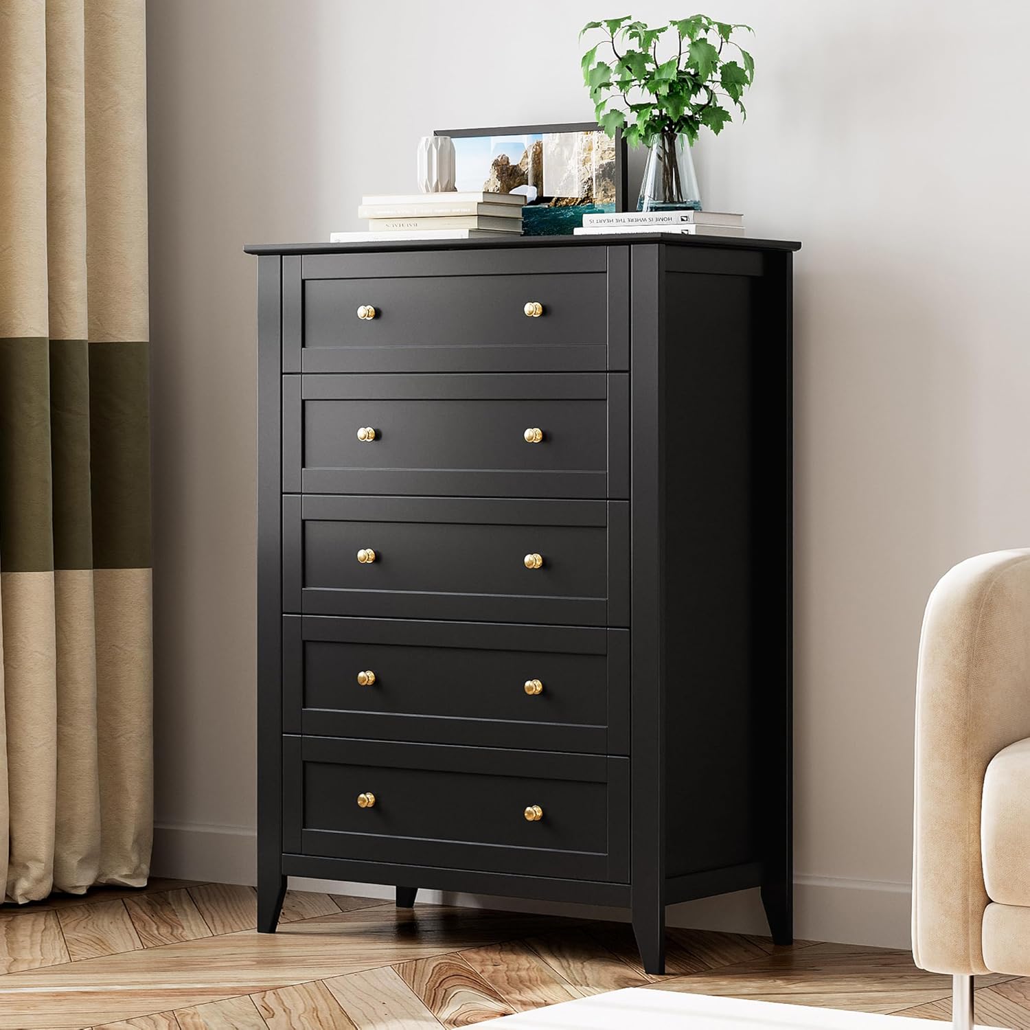 5 Drawer Dresser for Bedroom, Tall Dresser Closet Organizer, Wood Dresser with Deep Space & Metal Knobs, Modern Chests of Drawers for Entryway, Hallway, Black
