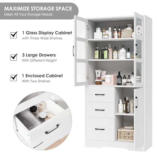 2 Pack Tall Bookshelves with Glass Doors and 3 Drawers, Black F273