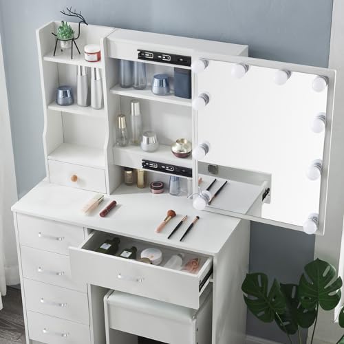 Vanity Desk with Lighted Mirror, 3 Lighting Modes, 6 Drawers and Stool T27747