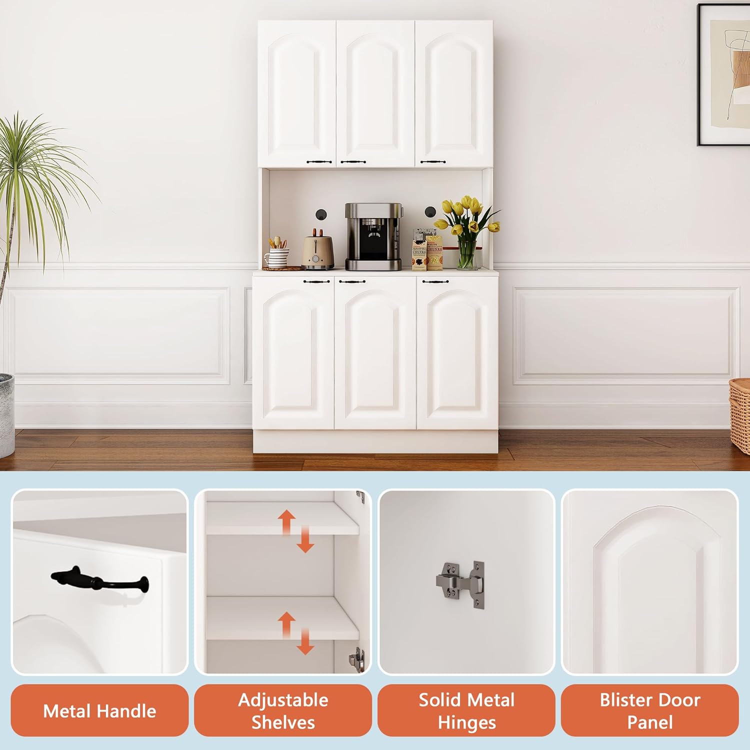 Tall Storage Cabinet with Shelves and Microwave Stand, White Z8529