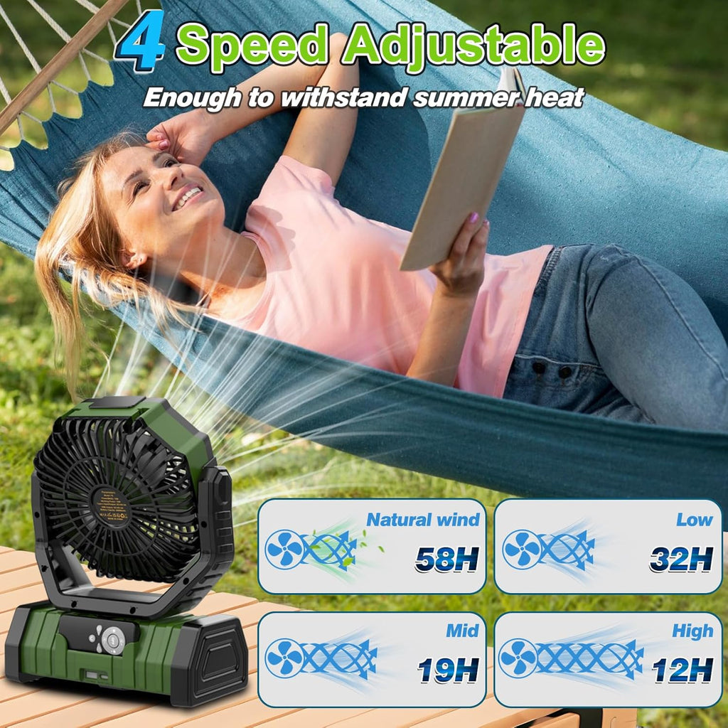 Rechargeable Portable Camping Fan with LED Lantern, Remote, and Hook N6398
