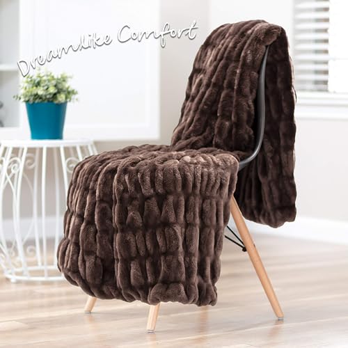 Ruched Faux Fur Throw Blanket, Reversible, 50" x 65", Dark Gray D10706