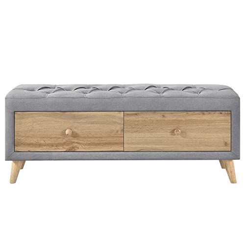 Upholstered Storage Ottoman Bench with 2 Drawers, Gray Y784182