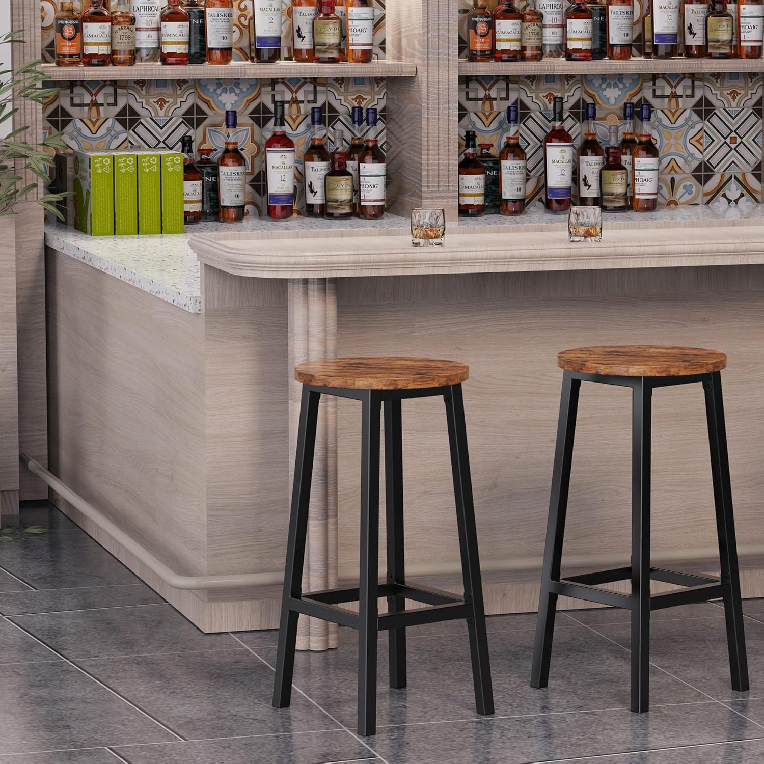 Bar Stools Set of 2 with Footrest, 25.6 Inch Tall, Rustic Brown and Black B43108