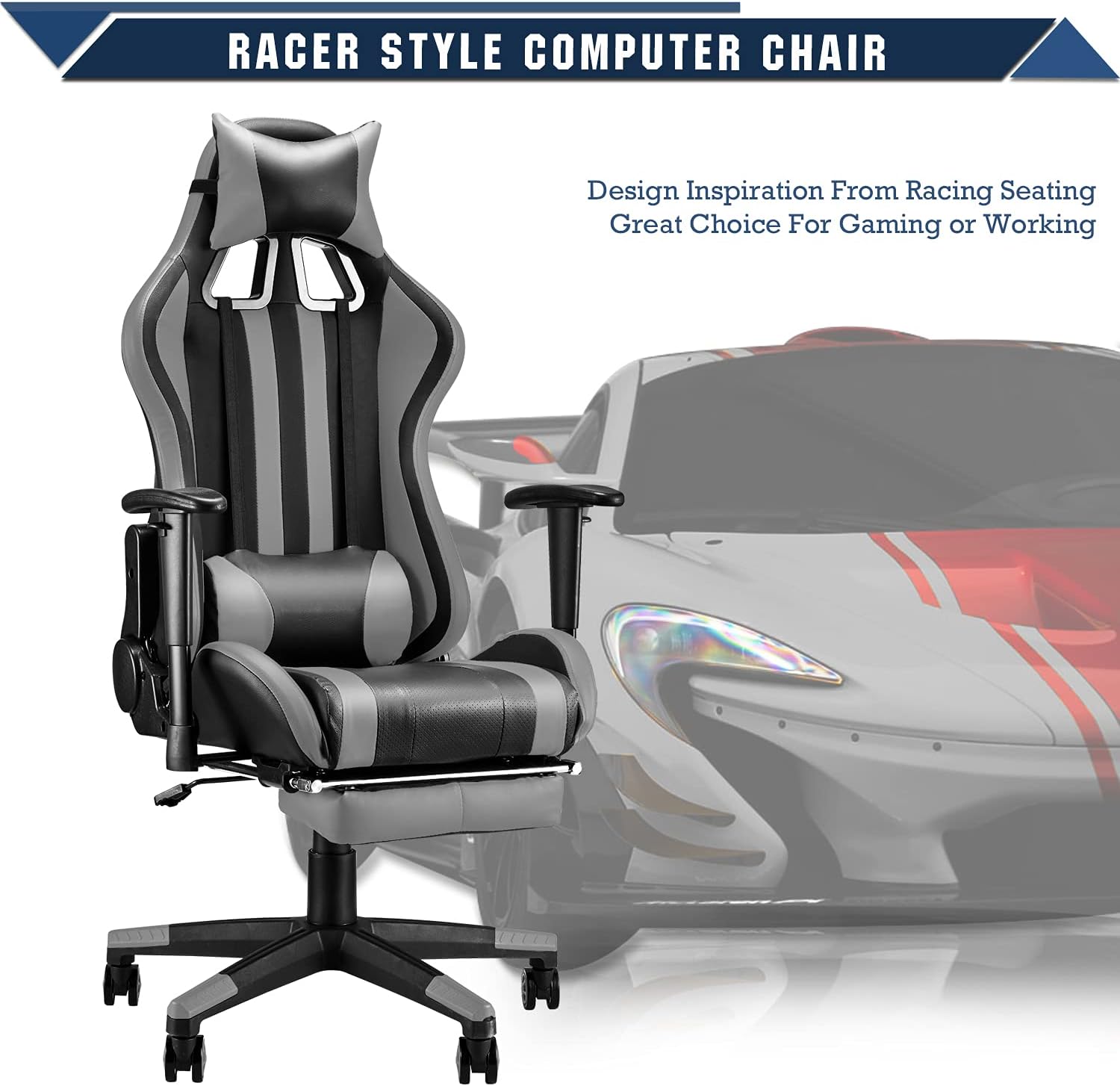 Gaming Chair with Footrest, Swivel Desk Chair, Adjustable Headrest and Lumbar Pillow C3198