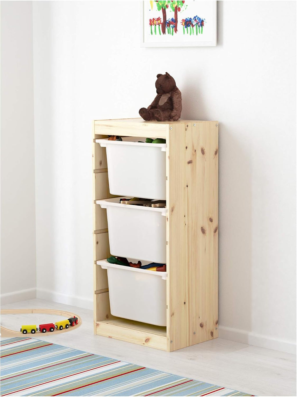 Storage combination with boxes, 44x30x91 cm, light white stained pine/pink N199753