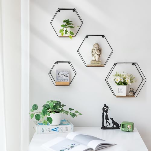 Hexagon Shelves Black Metal Wall Mount Set of 4 C784