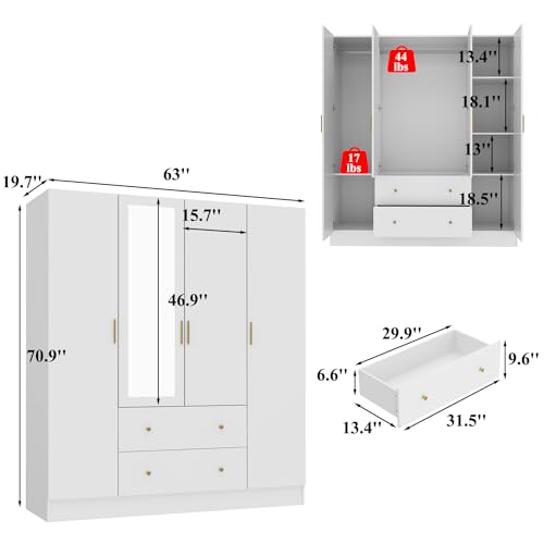 4-Door Armoire Wardrobe with Mirror, 2 Drawers, 2 Hanging Bars & 7 Shelves P76619