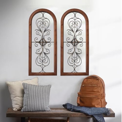 Vintage Metal Wall Art for Living Room, Handmade Distressed Wooden Wall Panels with Carved Wrought Iron M80042