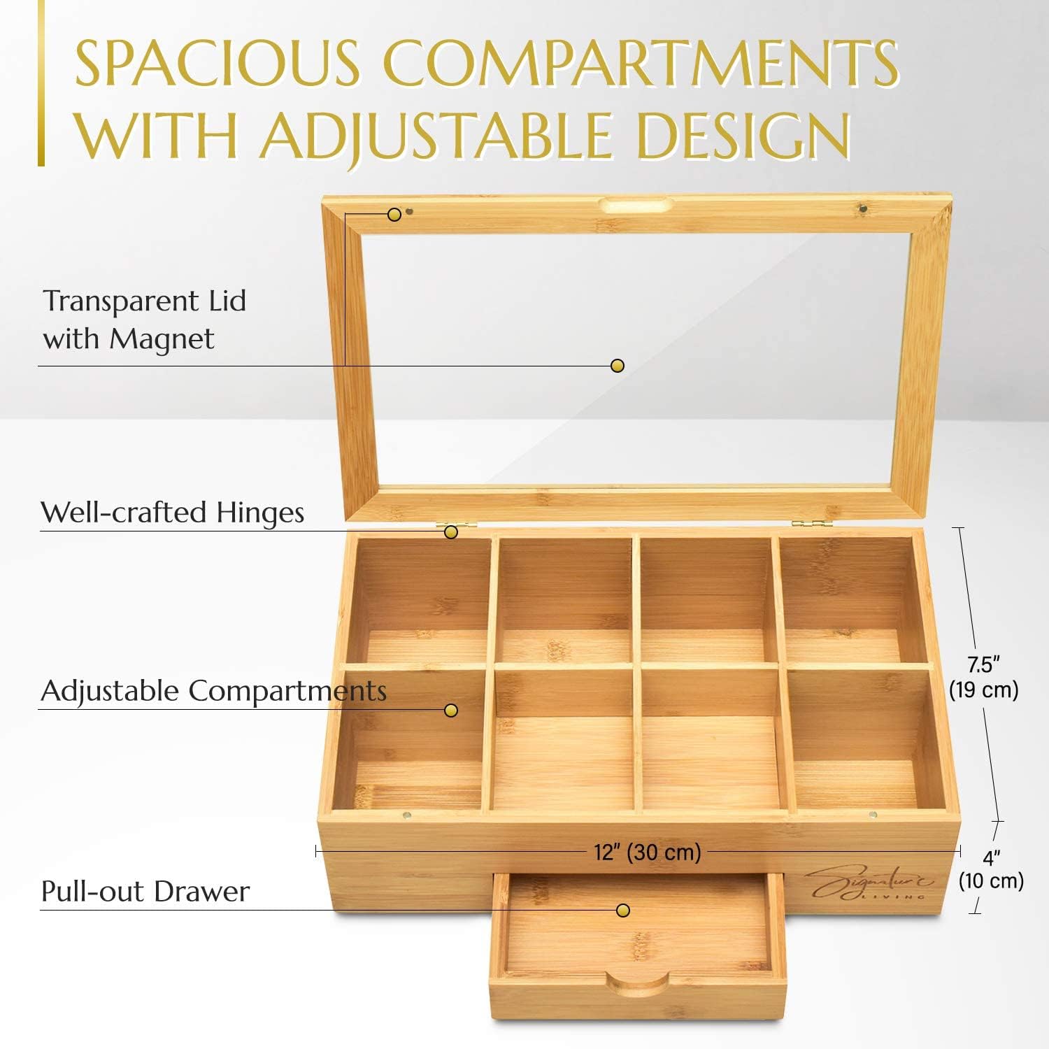 Bamboo Wooden Tea Box Organizer with Drawer, 8 Compartments for Tea Bags and Loose Tea A14165